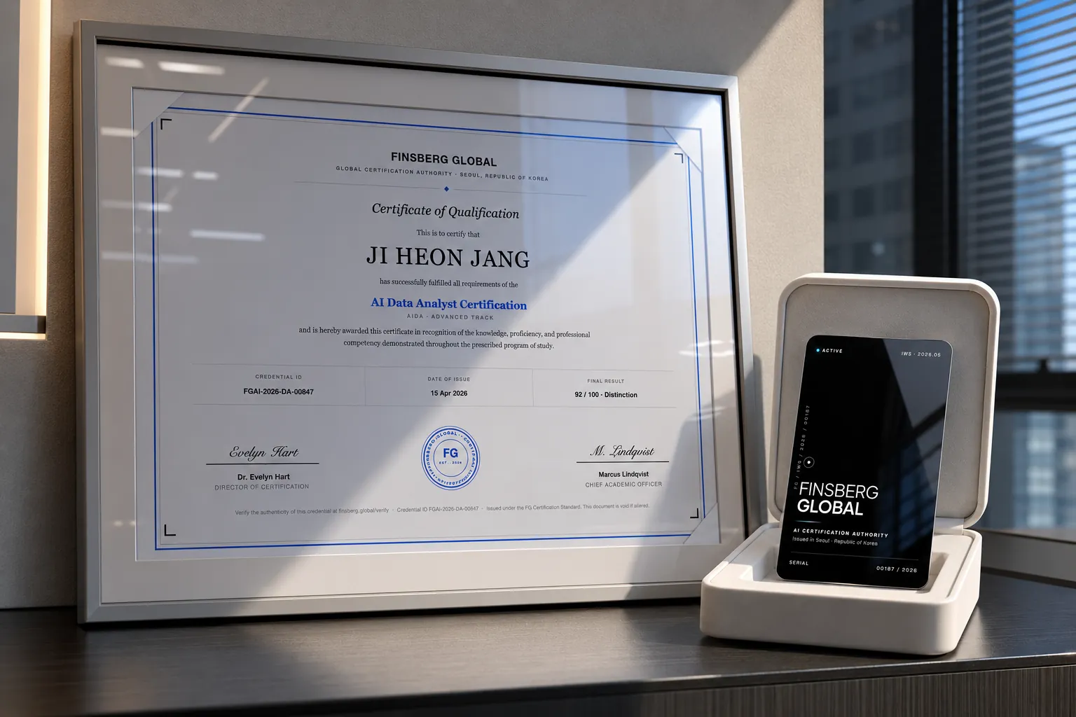 전면 리뉴얼된 FINSBERG GLOBAL 공식 자격증 — 증서와 카드형 멤버십 카드